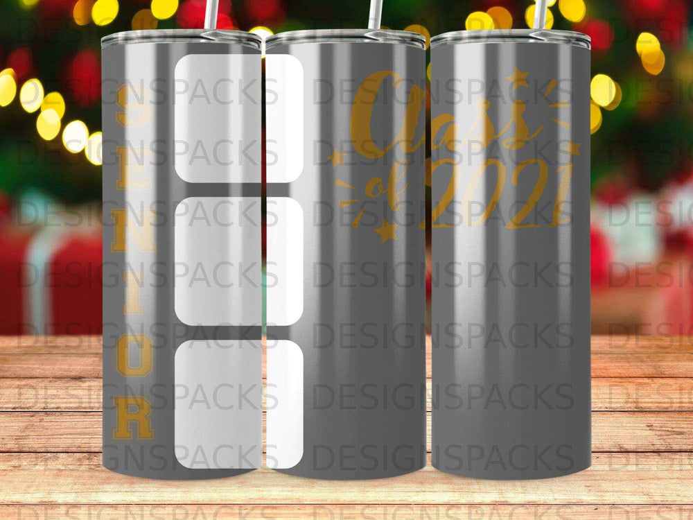 Three tumblers, one showing a golden "R", with "DESIGNSPACKS" text overlay.