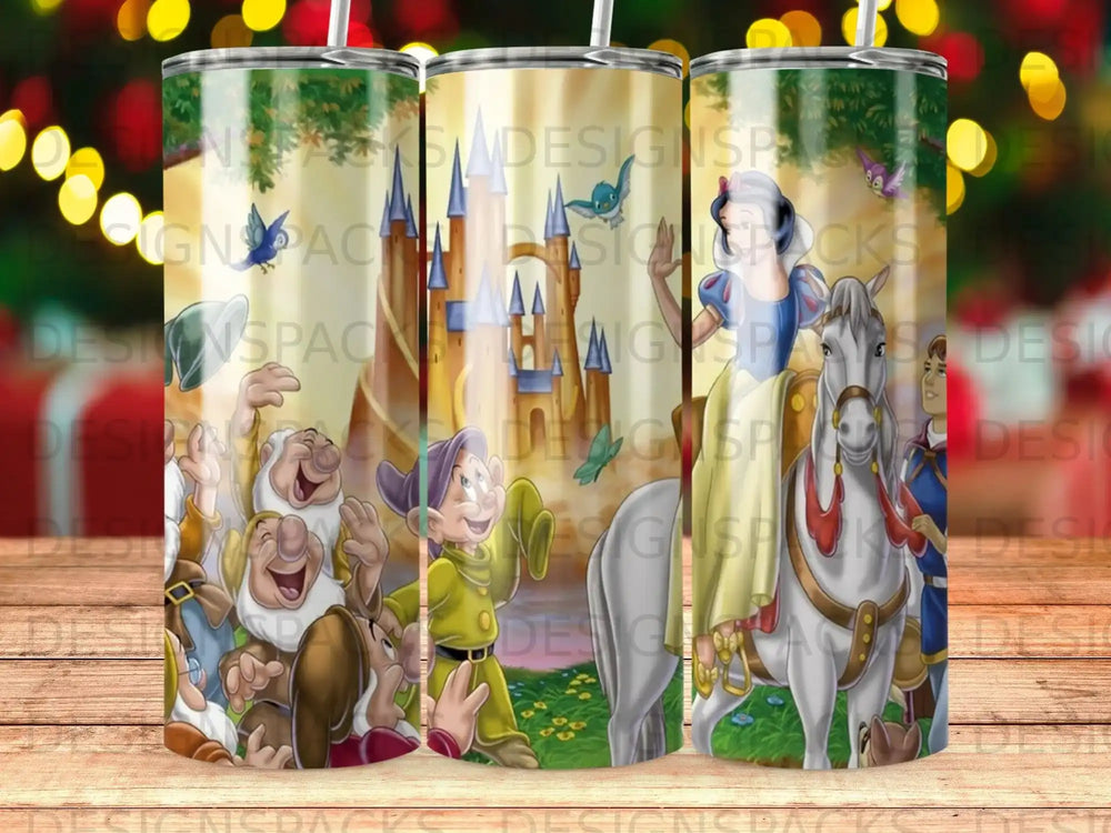 Snow White on horseback with seven dwarfs and a castle in the background.