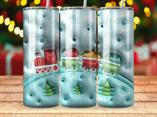 Christmas train tumbler with festive colors and snowflake patterns.