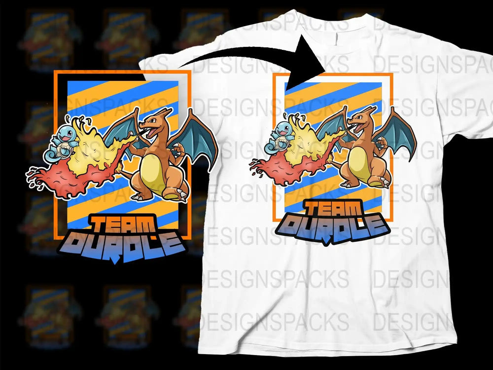 Team Durble Charizard and Squirtle t-shirt design with vibrant flames and stripes
