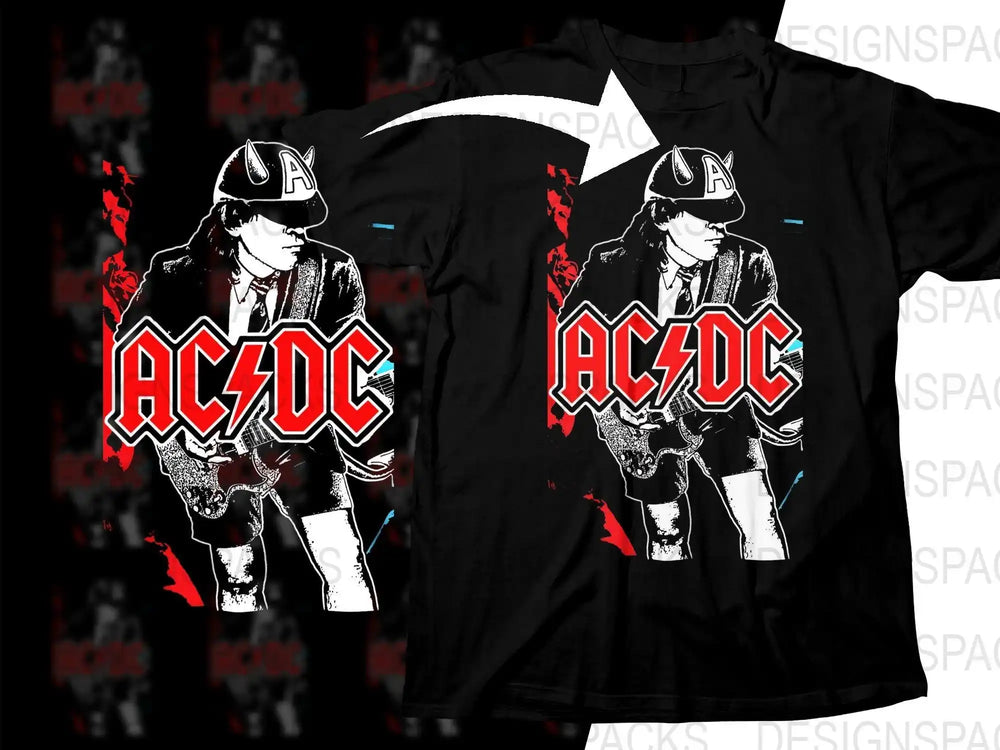 AC/DC band graphic t-shirt design with bold red logo and rock musician illustration