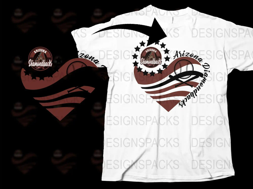 Arizona Diamondbacks baseball t-shirt design with heart, stars, and bat graphic for DTF/DTG printing