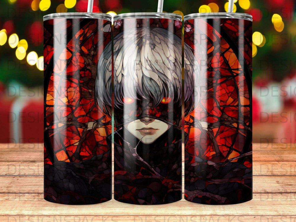 Anime character with white hair and glowing red eyes, stained glass effect.