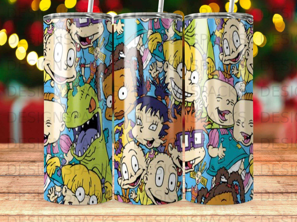 Rugrats characters collage on a tumbler with a straw.