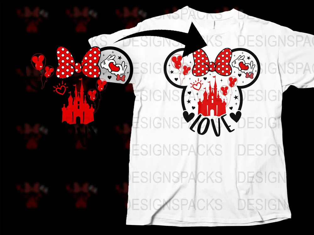 Minnie Mouse love design with castle, hearts, and polka dots for DTG/DTF printing