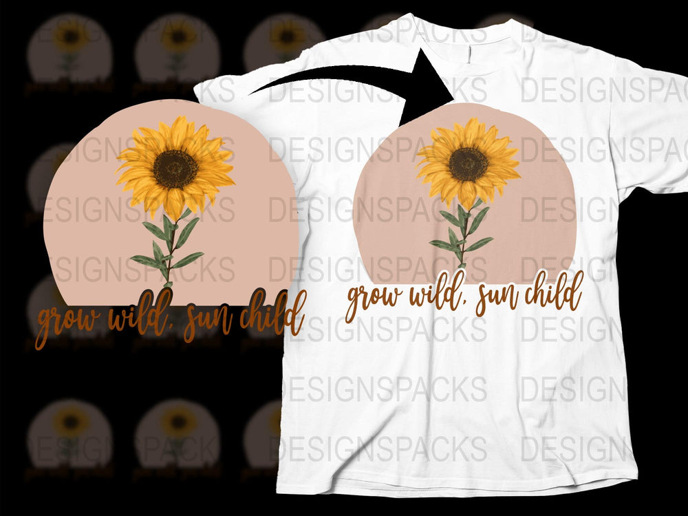 Sunflower Graphic T-Shirt, Grow Wild Sun Child Quote, Summer Floral Tee, Nature Inspired Casual Wear, Unisex Top