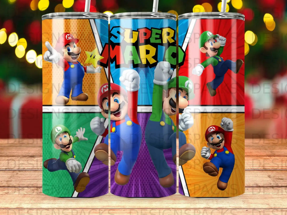 Super Mario characters on colorful patterned tumblers.