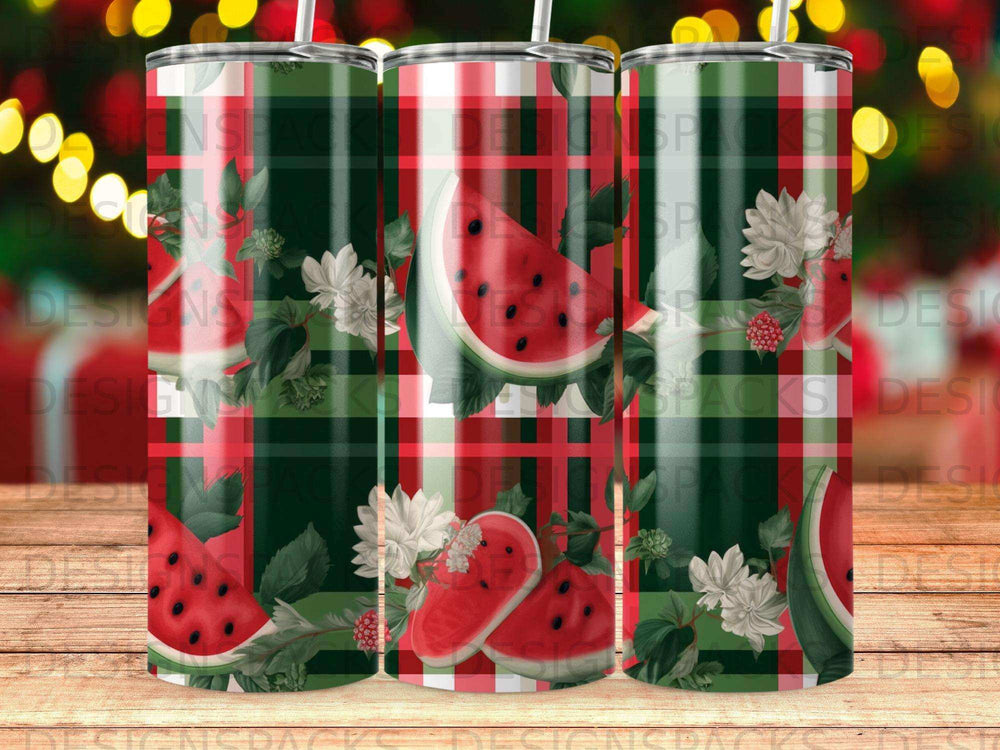 Green, red, and white plaid tumbler with sliced watermelons and flowers.