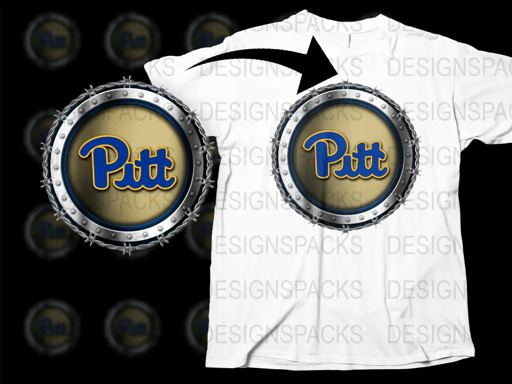 Pitt logo design in blue and gold with metallic frame, print-ready for t-shirts, DTF/DTG compatible