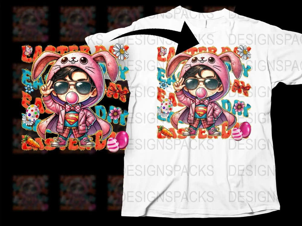 Easter bunny boy in pink hoodie, sunglasses, and Superman shirt, surrounded by eggs and flowers, printed on white t-shirt