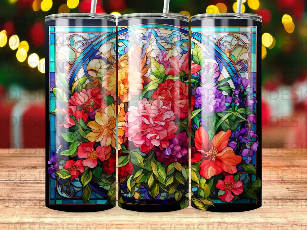 Floral stained glass pattern on a tumbler.