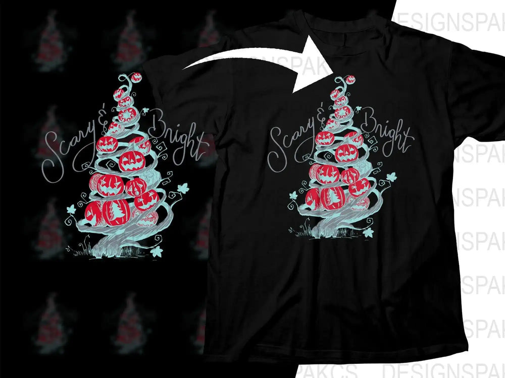 Scary & Bright Halloween pumpkin tree design on black t-shirt, print-ready SVG/PNG for DTG/DTF