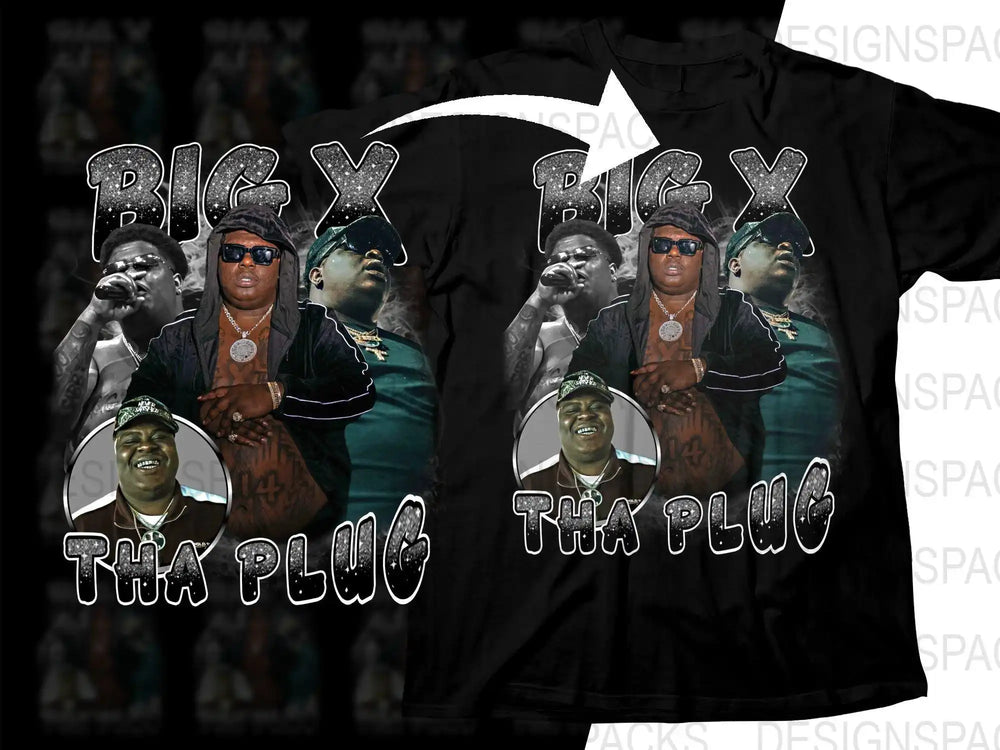 Big X Tha Plug music artist t-shirt design with glitter text and concert photos, print-ready for DTG or DTF