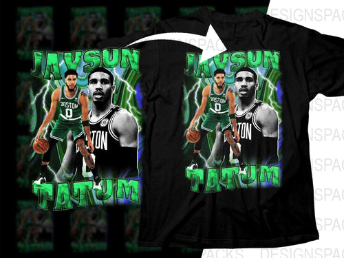Jayson Tatum basketball design on black t-shirt with green lightning graphics