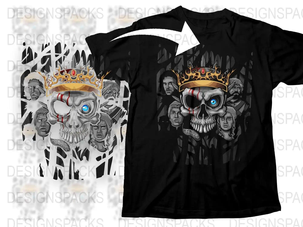 Skull with crown and blue eye, surrounded by character faces, printed on black t-shirt, DTF/DTG design