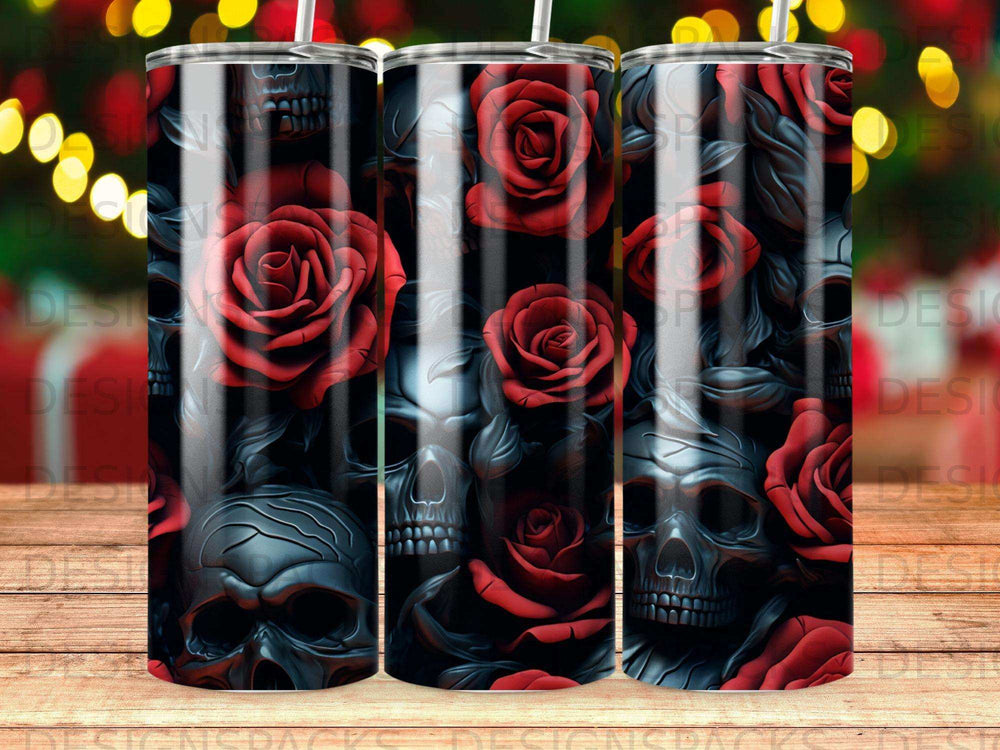 Skulls and red roses pattern on a dark background.