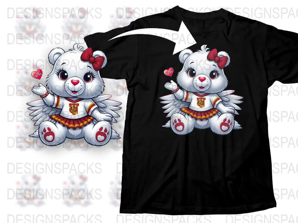 Cute angel bear in cheerleader outfit with red bow, printed on black T-shirt, perfect for DTF/DTG designs.