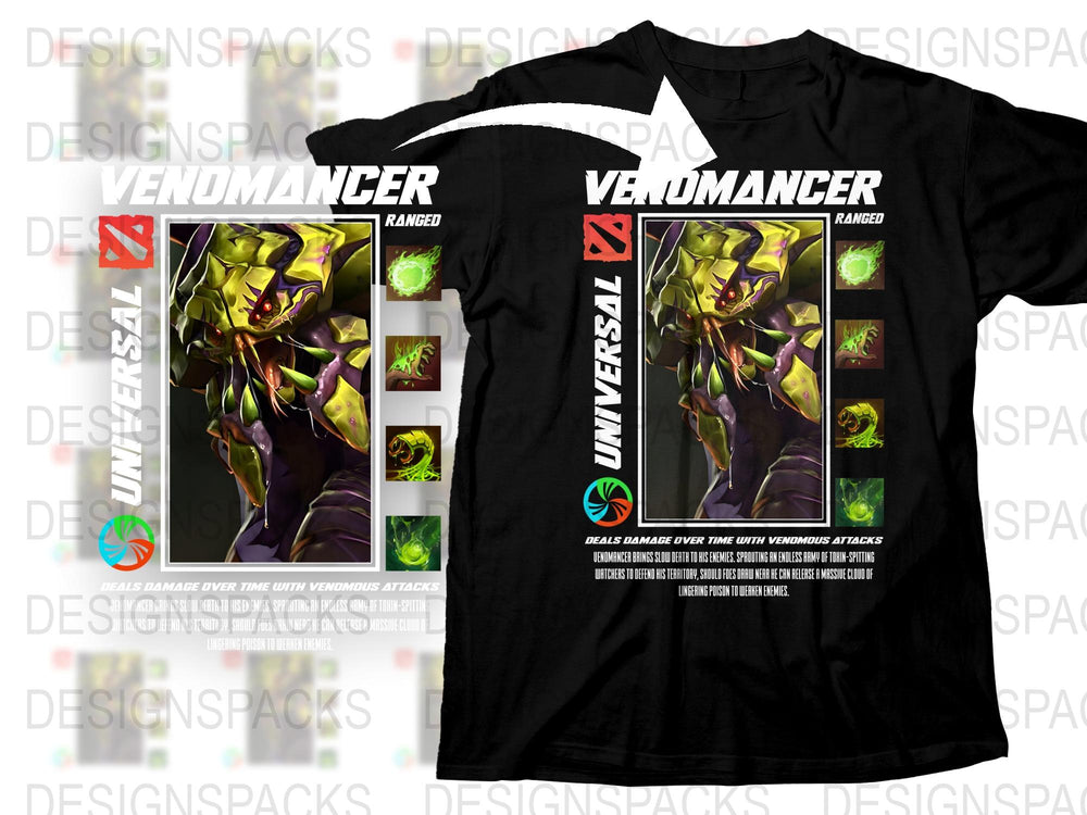 Venomancer Graphic T-Shirt, Dota 2 Inspired Gaming Tee, Black Cotton Shirt, Unisex Video Game Apparel