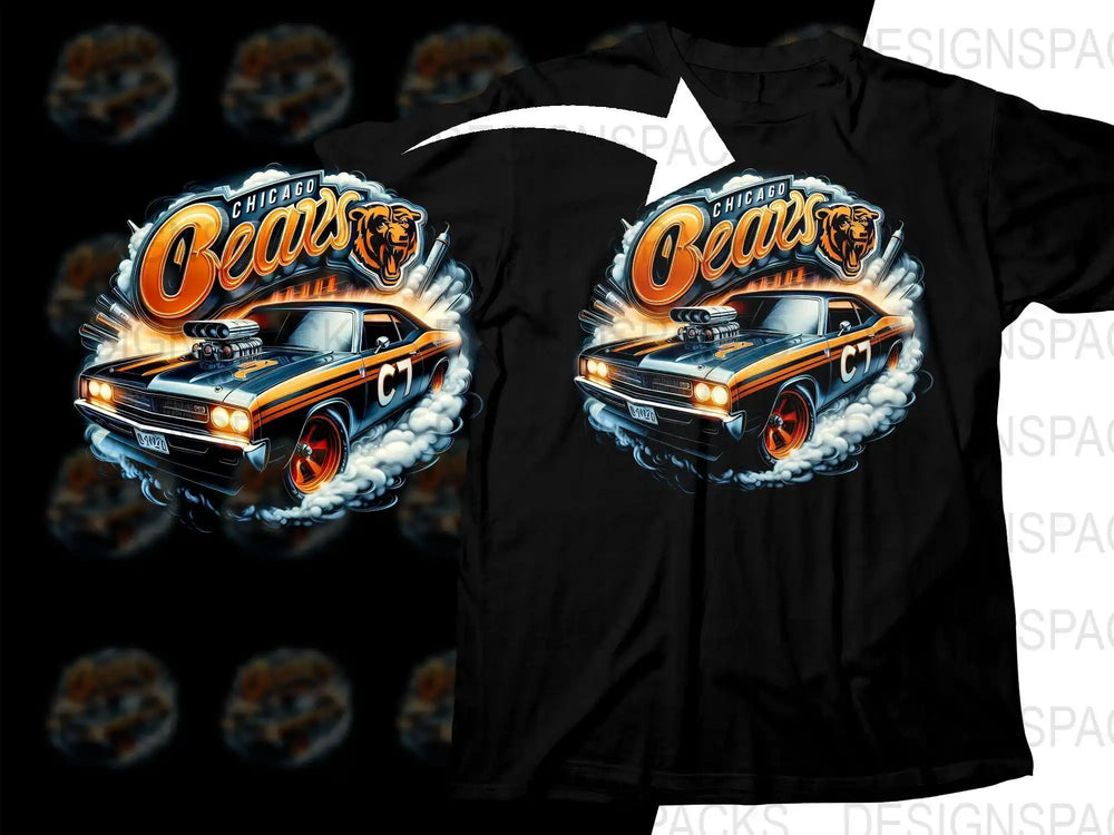 Chicago Bears muscle car t-shirt design with bold graphics and racing theme