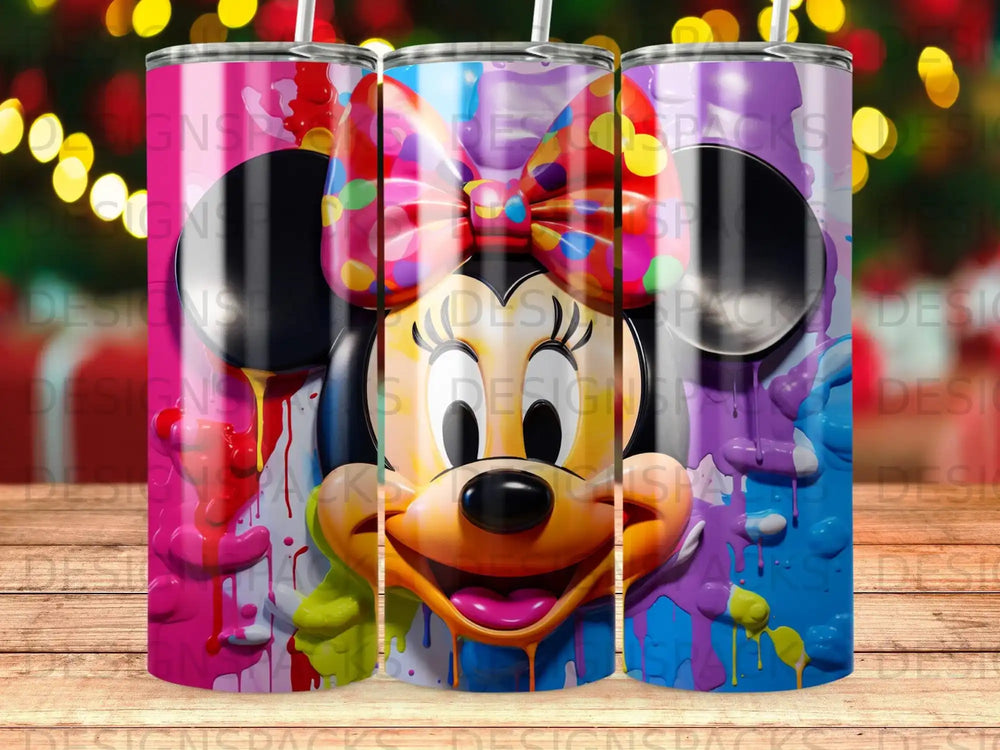 Minnie Mouse tumbler with colorful paint splatters and a rainbow bow.