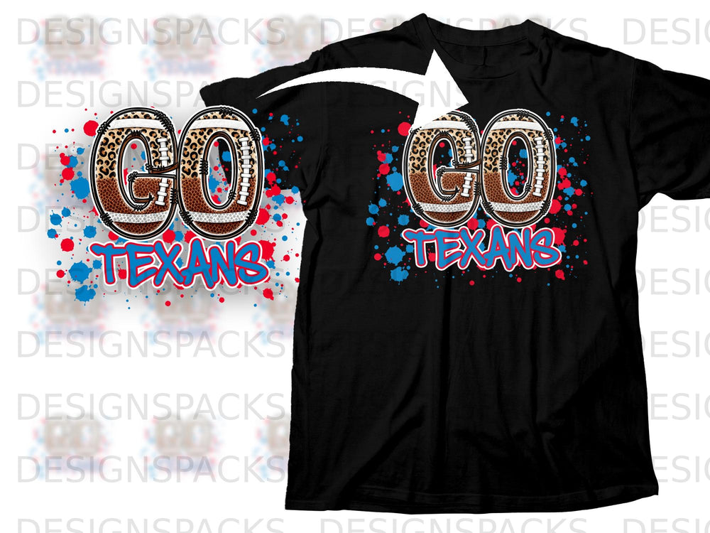 Black t-shirt with "Go Texans" text and football graphic.