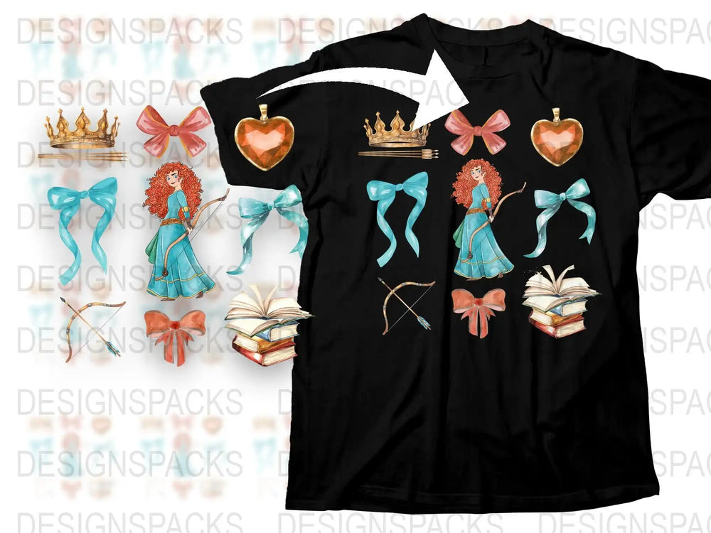 Women's Black T-Shirt with Colorful Butterfly, Crown, and Book Designs, Casual Graphic Tee