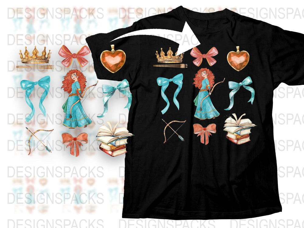 Women's Black T-Shirt with Colorful Butterfly, Crown, and Book Designs, Casual Graphic Tee