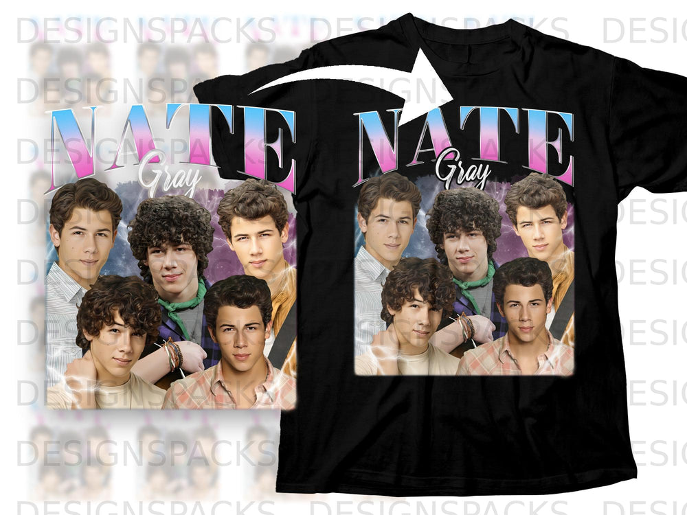 T-shirt graphic of the Jonas Brothers with "Nate Gray" text.