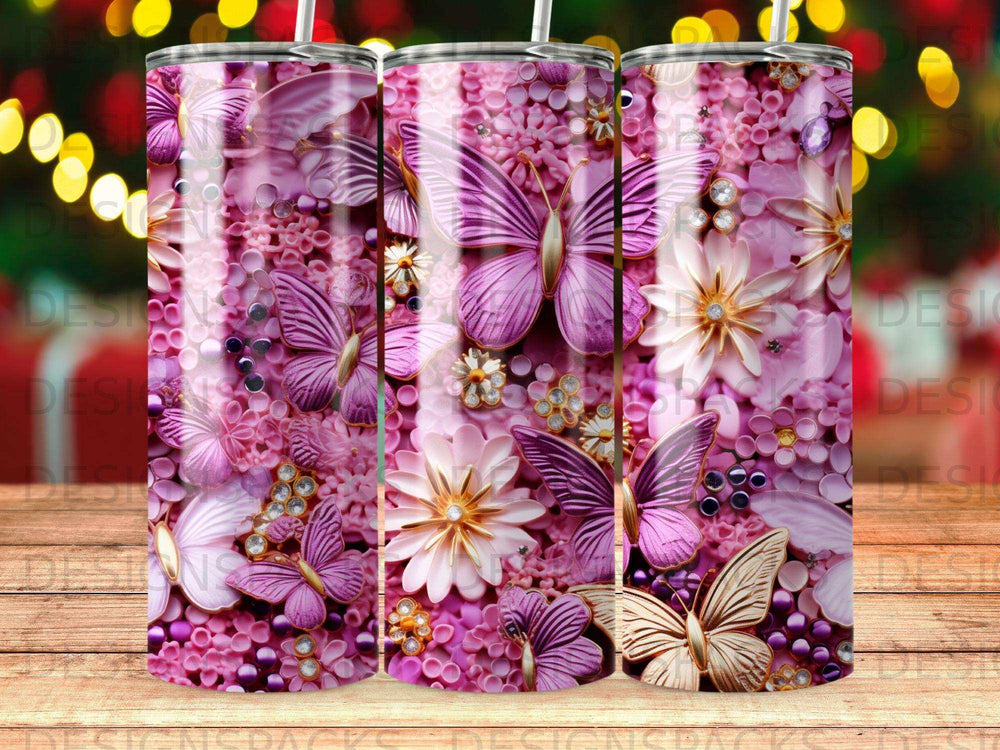 Pink butterflies and flowers adorn a tumbler, with bokeh lights in the background.
