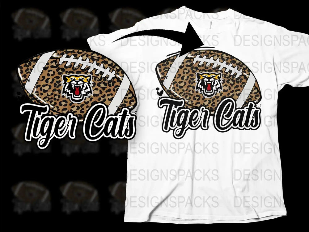 Tiger Cats leopard print football design on white t-shirt, perfect for DTF/DTG printing