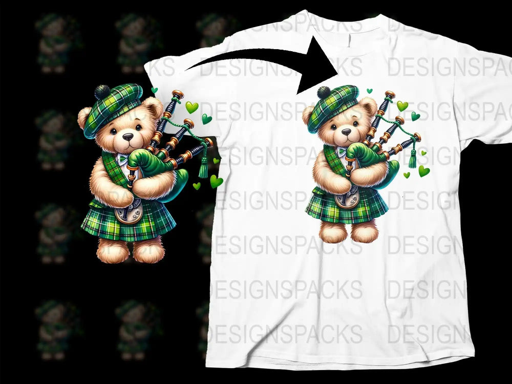 Cute teddy bear in green tartan playing bagpipes, perfect for t-shirt designs