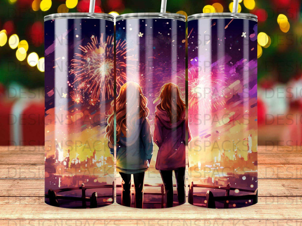 Two people facing a colorful fireworks display at night.
