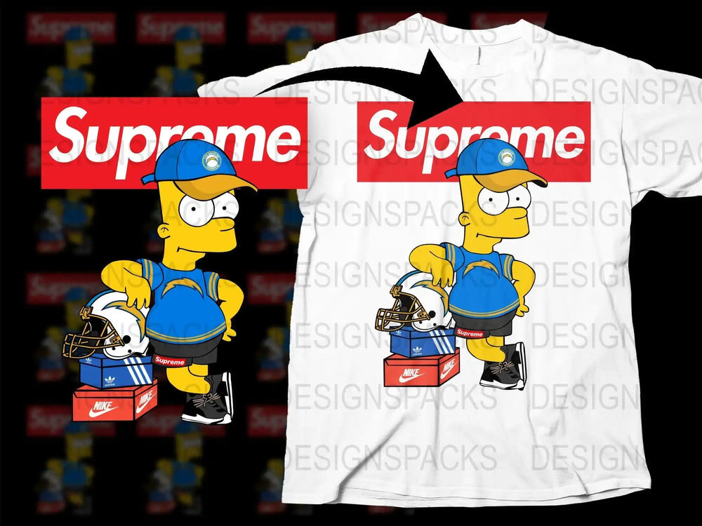 Bart Simpson in LA Chargers gear with Supreme logo, print-ready t-shirt design for DTF DTG
