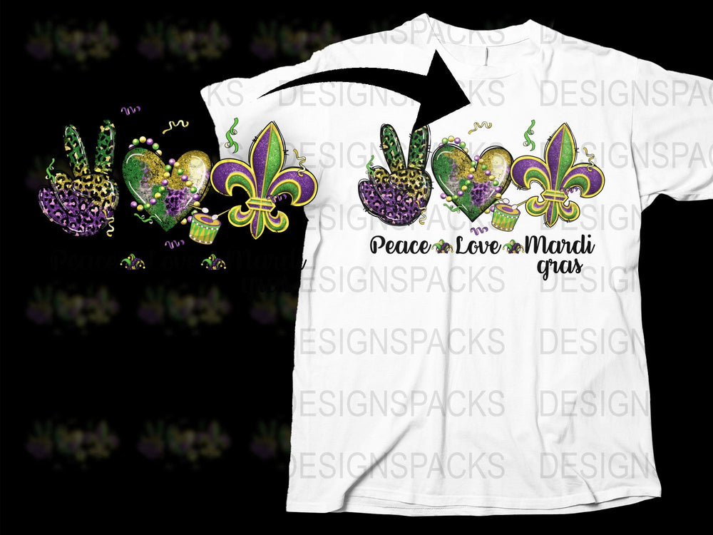 Mardi Gras Fleur-de-Lis T-Shirt, Peace Love Carnival Festival Tee, Colorful Graphic Print Shirt