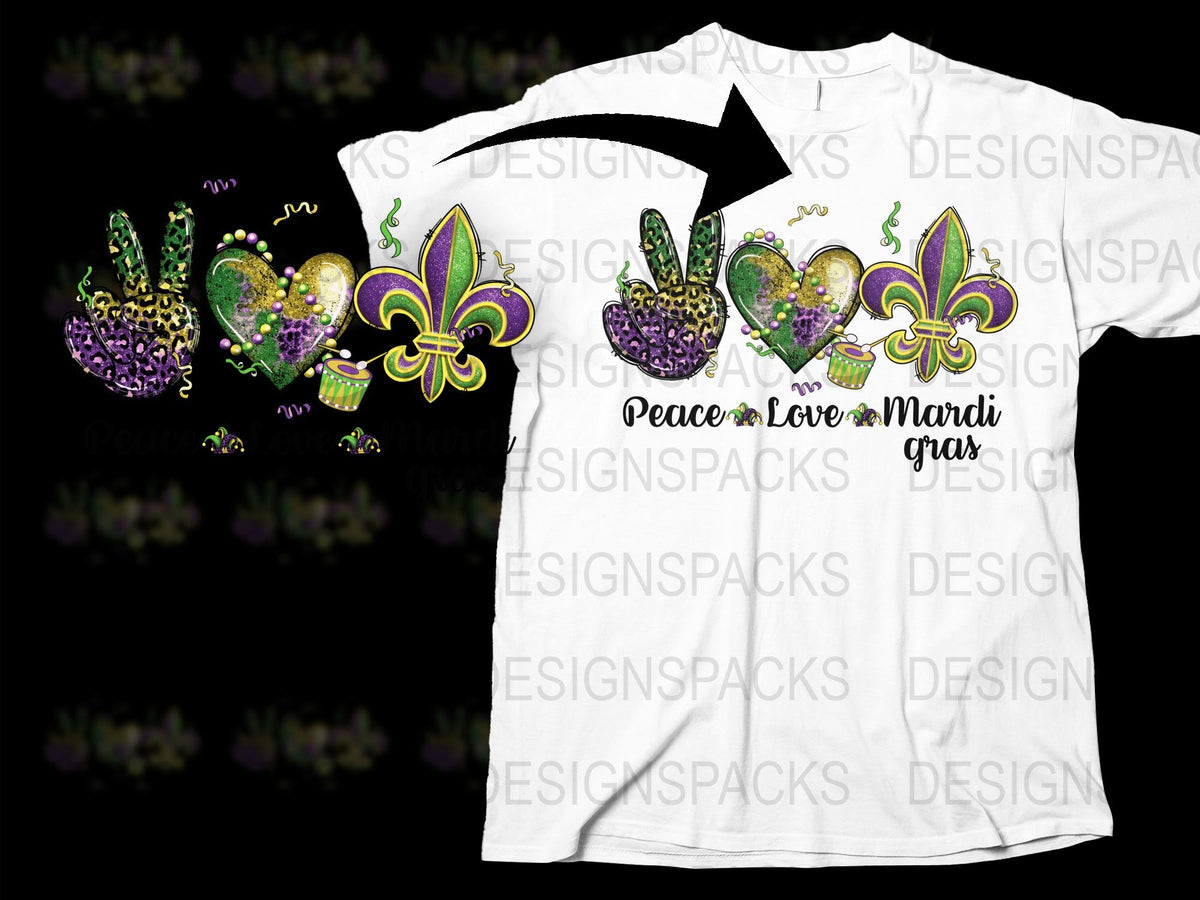 Mardi Gras Fleur-de-Lis T-Shirt, Peace Love Carnival Festival Tee, Colorful Graphic Print Shirt