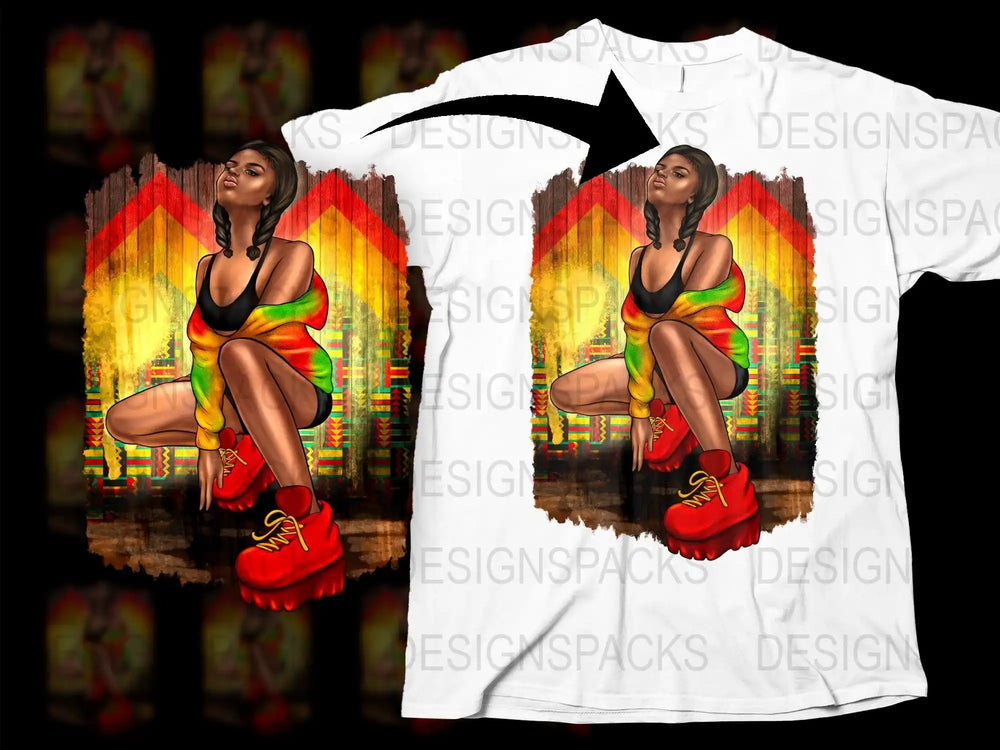 Vibrant t-shirt design featuring a woman in colorful attire with red boots, set against a patterned backdrop.