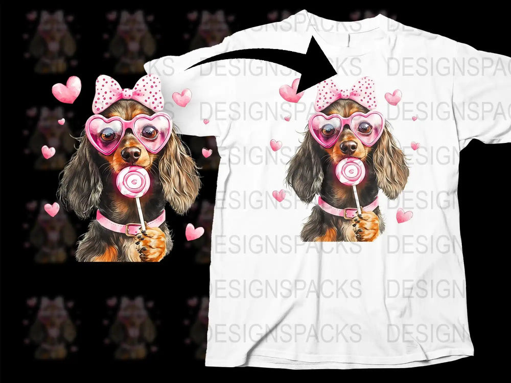 Cute dog with heart glasses and lollipop on white t-shirt, pink bow, and hearts design