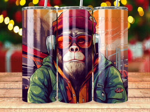 Gorilla wearing sunglasses and a beanie, holding a cup, with city background.