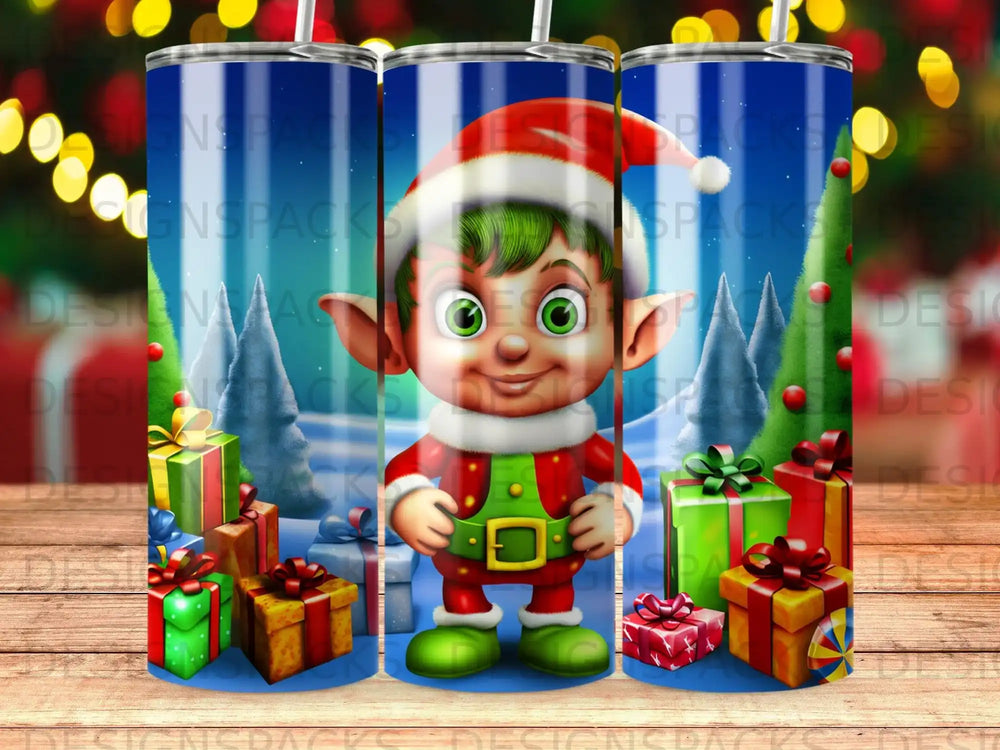 Christmas elf wearing a Santa hat and green outfit surrounded by gifts.