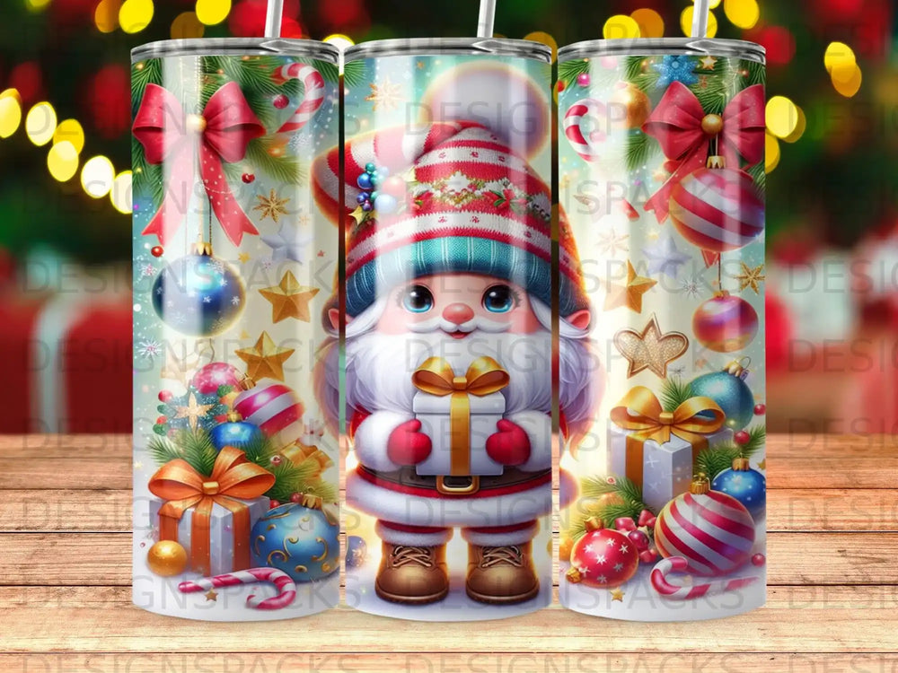 Gnome holding gift, surrounded by festive Christmas ornaments and candy canes.
