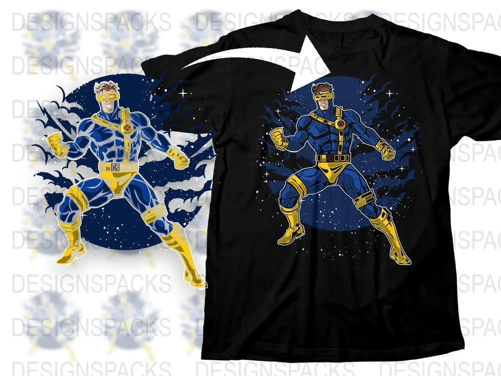 Superhero in blue and gold suit on black t-shirt, cosmic background, print-ready design for DTG/DTF