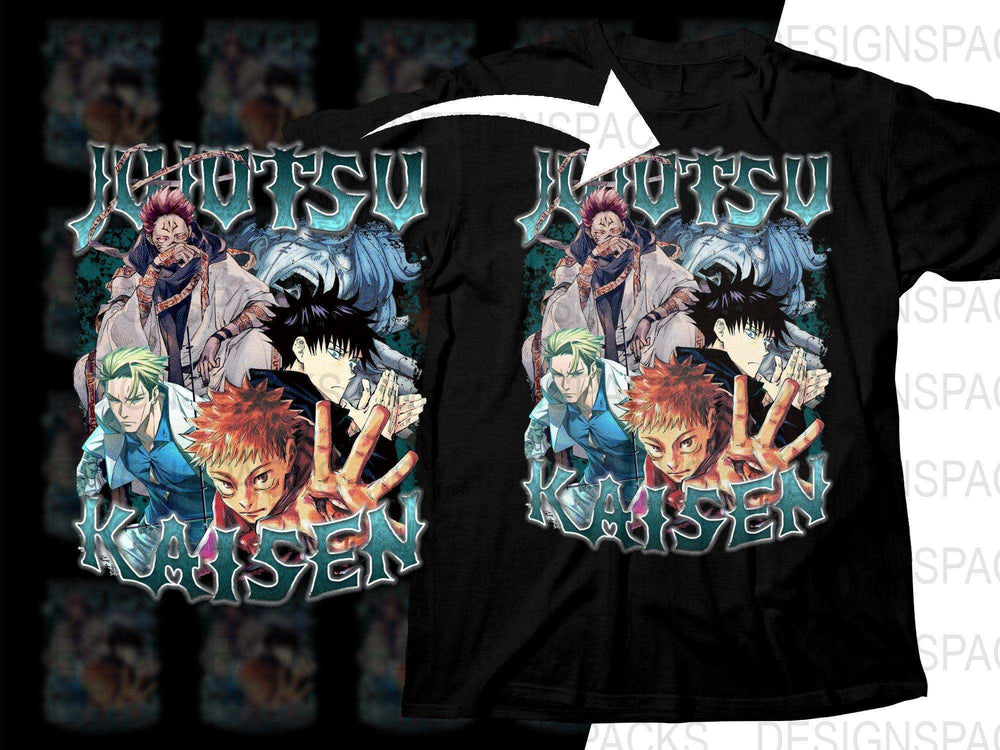 Jujutsu Kaisen anime t-shirt design with characters, print-ready for DTG or DTF printing
