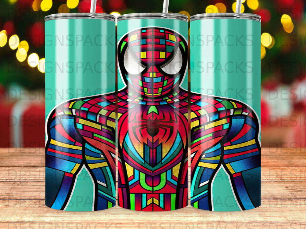 Tumbler featuring a stained-glass style Spiderman design.