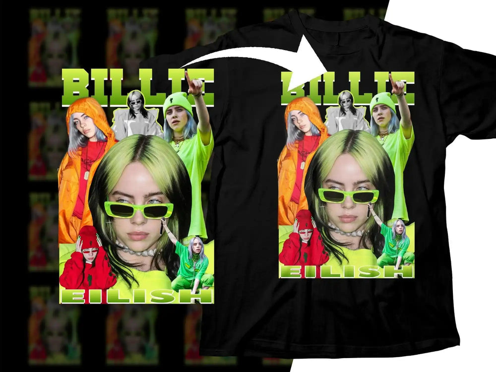 Billie Eilish print design on black t-shirt with vibrant green and orange graphics