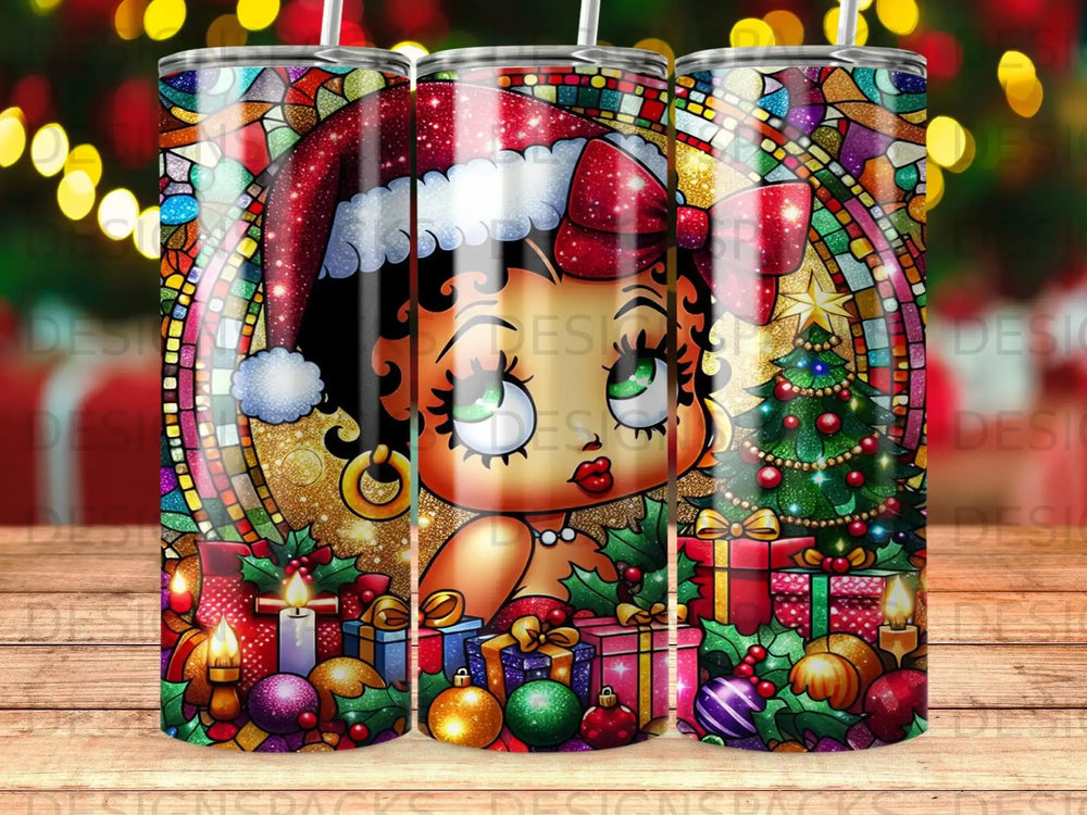 Betty Boop in Santa hat with Christmas gifts and decorations.