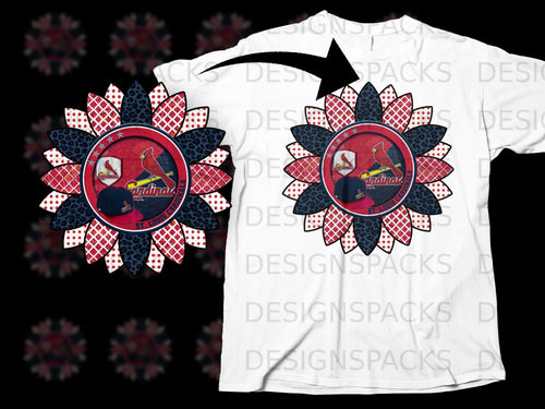 St. Louis Cardinals sunflower design with baseball cap on white t-shirt.
