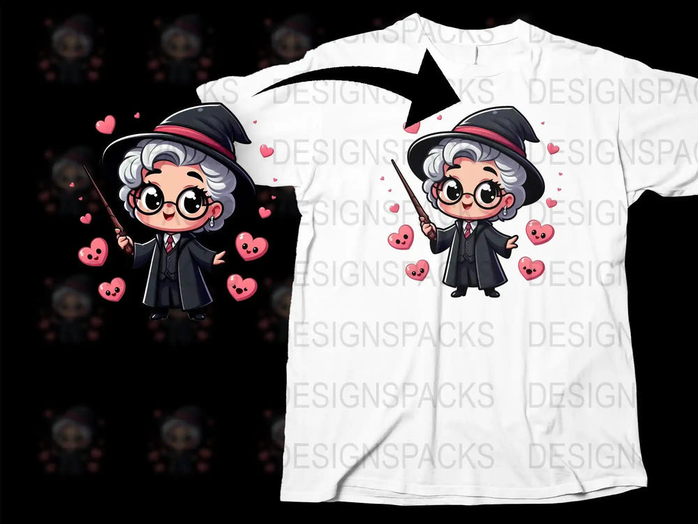 Cute witch with wand and hearts, print-ready design for t-shirts, DTF DTG SVG PNG