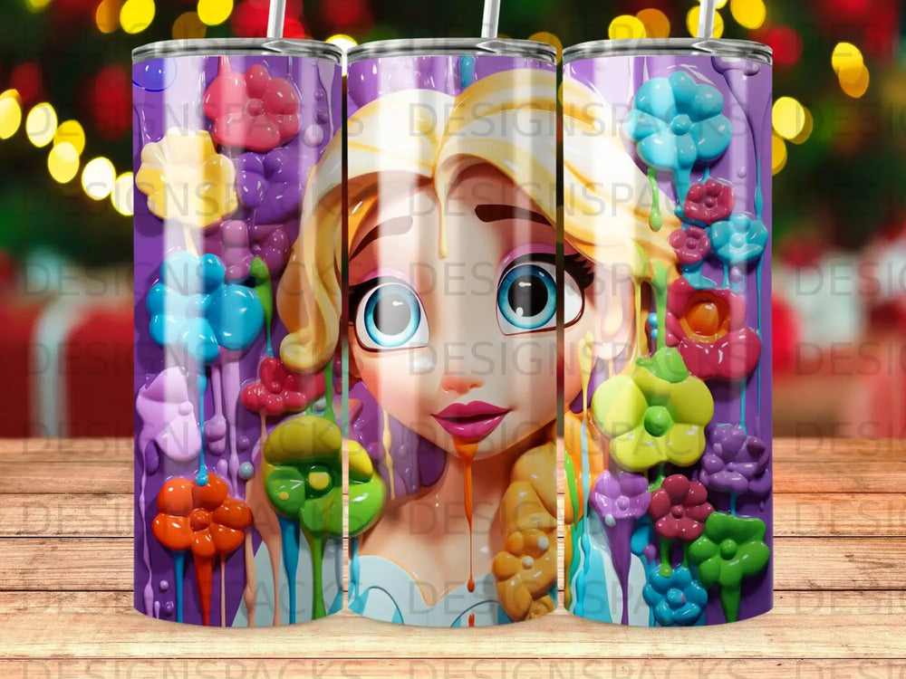 Elsa with colorful, dripping flowers and candy, set against a purple background.