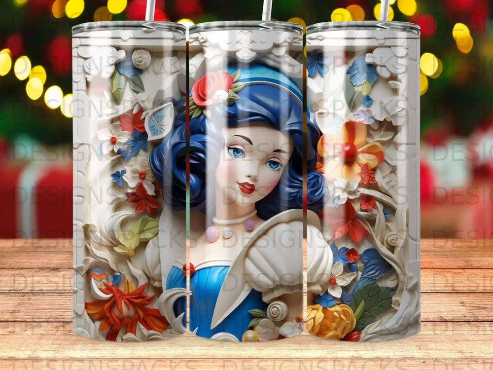 Snow White with flowers and swirling pattern on a tumbler wrap.