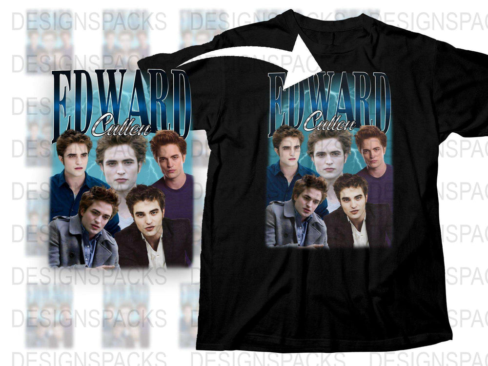 Edward Cullen Graphic T-Shirt, Twilight Saga Movie Inspired, Casual Fan Apparel, Multiple Poses Design, Black Cotton Tee